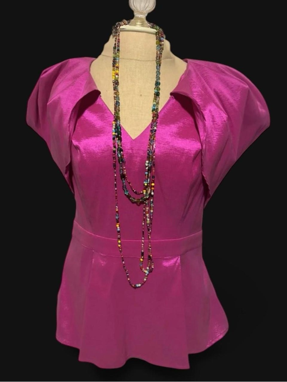 New York & Company Fuchsia Satin V-Neck Peplum Top